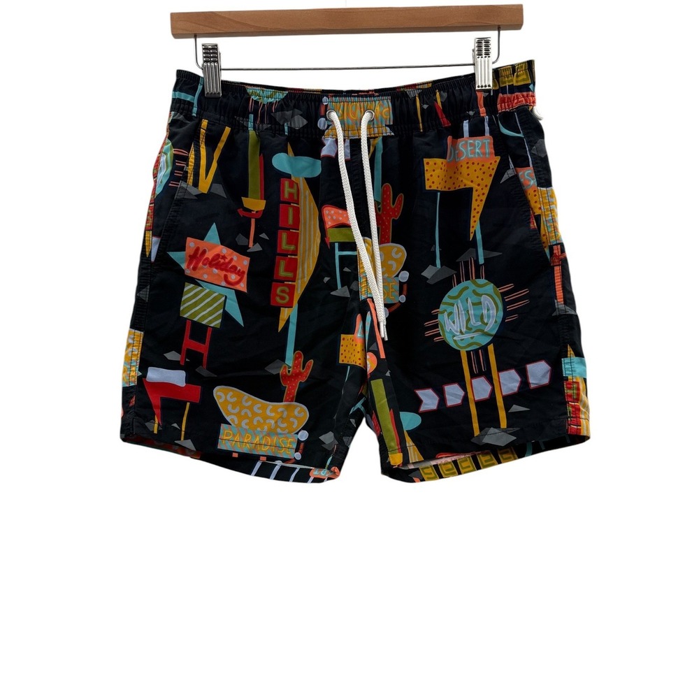 J.Crew Mens‎ Swim Trunks Small Black Retro Neon Sign Print 6" Drawstring Beach